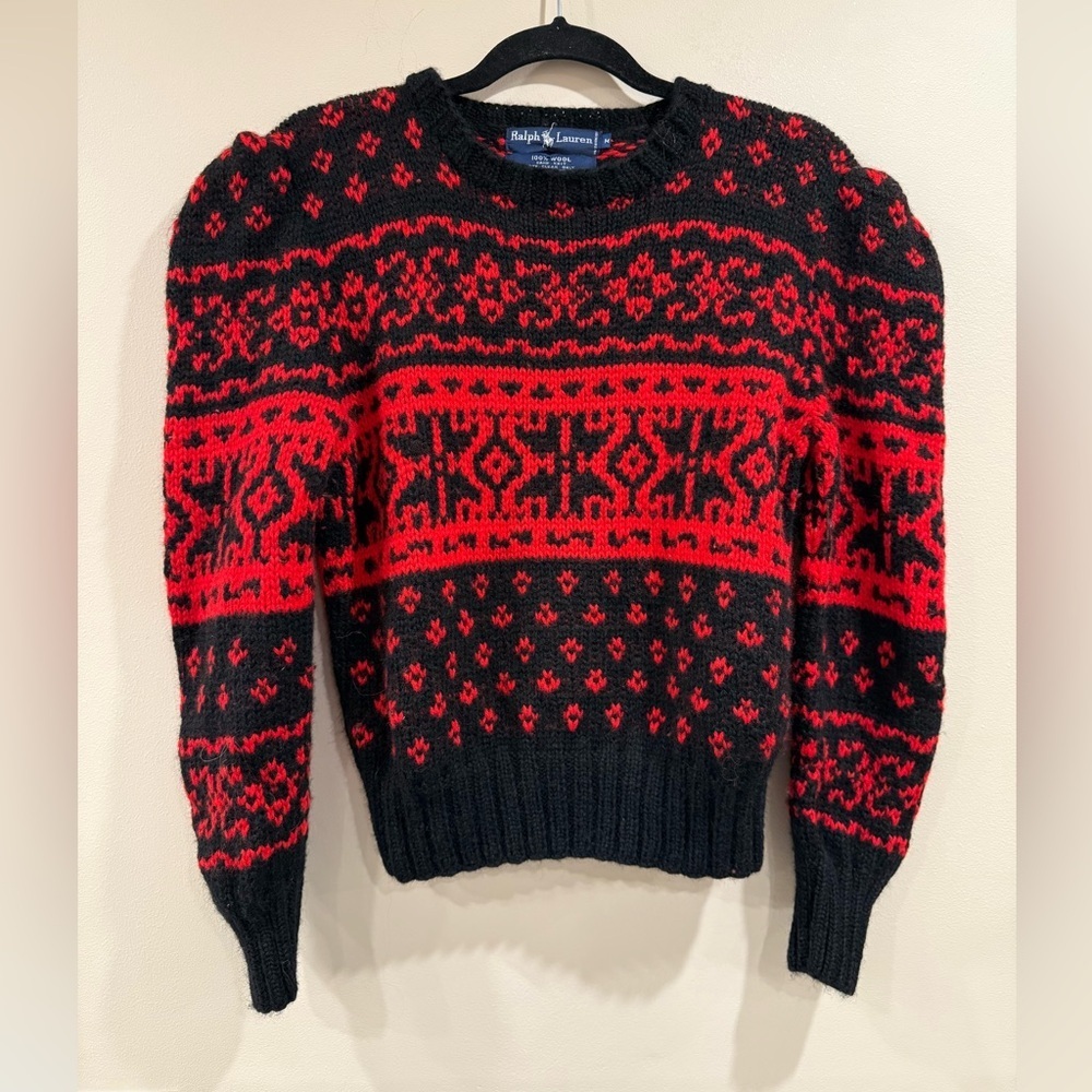 Ralph Lauren Vintage Black And Red Wool Hand Knit Sweater